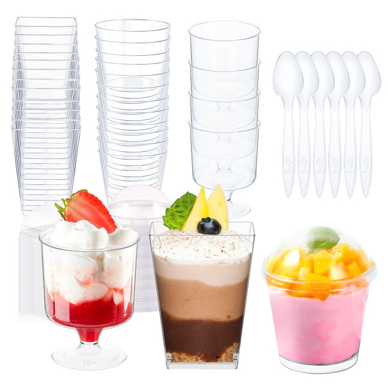 ALEXPRE 340 Packs 56 oz Plastic Dessert Cups with Lids and Spoons SquareRoundRound Goblet Clear Dessert Parfait Cups Mini Dessert Cups Small Reusable Fruit Ice Cream Pudding Appetizer Cup Bowls