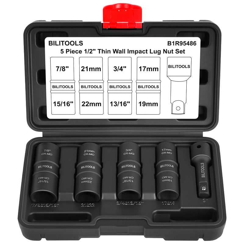 BILITOOLS Lug Nut Socket Set, 1/2 inch Drive Non-Marring Impact Flip Socket Set Metric 17-19 - 21-22 mm & SAE 3/4-13/16-7/8-15/16 inch, Thin Wall Wheel Protector Nut Socket - Image 1