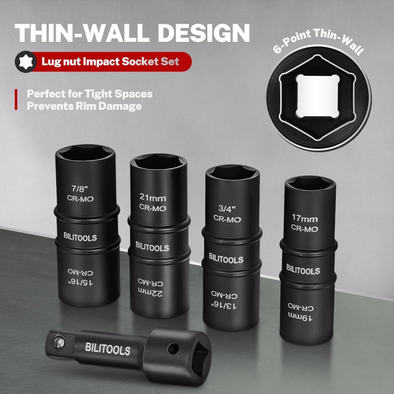 BILITOOLS Lug Nut Socket Set, 1/2 inch Drive Non-Marring Impact Flip Socket Set Metric 17-19 - 21-22 mm & SAE 3/4-13/16-7/8-15/16 inch, Thin Wall Wheel Protector Nut Socket - Image 5