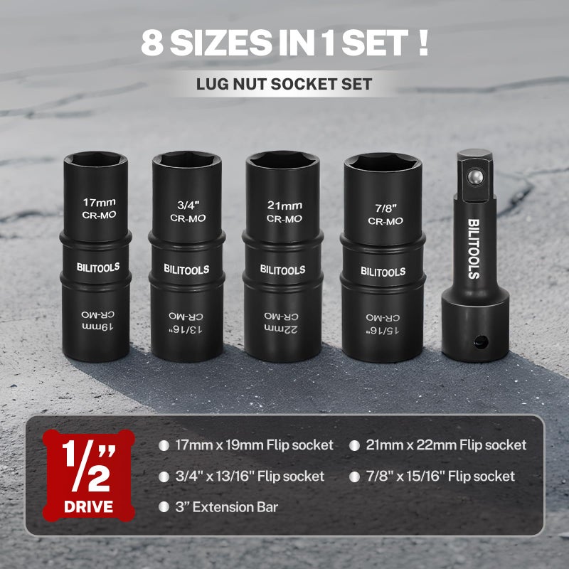 BILITOOLS Lug Nut Socket Set, 1/2 inch Drive Non-Marring Impact Flip Socket Set Metric 17-19 - 21-22 mm & SAE 3/4-13/16-7/8-15/16 inch, Thin Wall Wheel Protector Nut Socket - Image 3