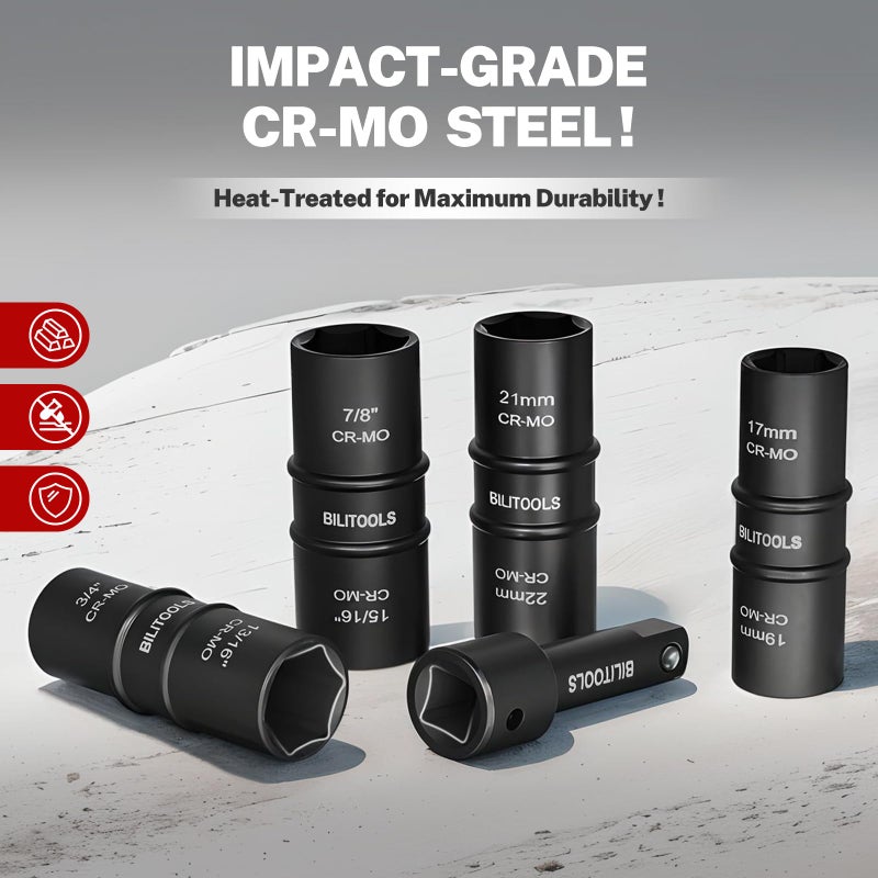 BILITOOLS Lug Nut Socket Set, 1/2 inch Drive Non-Marring Impact Flip Socket Set Metric 17-19 - 21-22 mm & SAE 3/4-13/16-7/8-15/16 inch, Thin Wall Wheel Protector Nut Socket - Image 4
