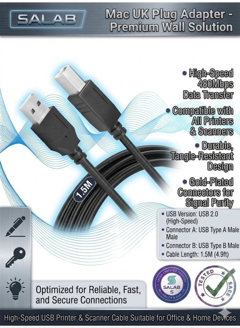Salab USB Printer Cable High-Speed Cable for All USB Port printers & Scanner 1.5M - Image 1