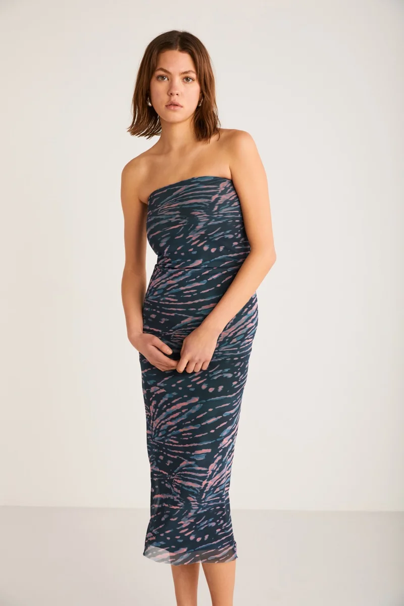جريميلانج Apolline Women's Polyester Off-Shoulder Navy Blue - Pink Dress