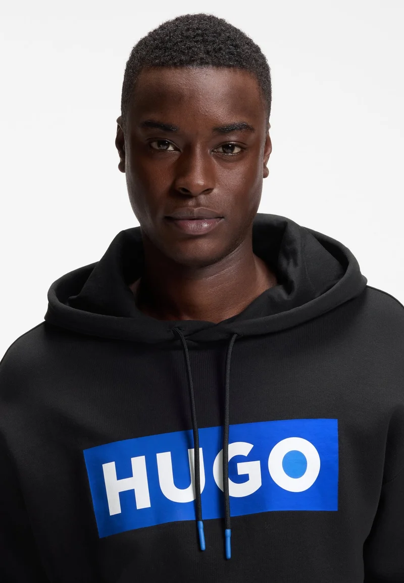 HUGO Black Cotton-terry hoodie with rectangle logo print for Men | Best Price UAE