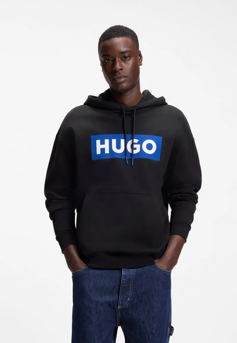HUGO Cotton-terry hoodie with rectangle logo print