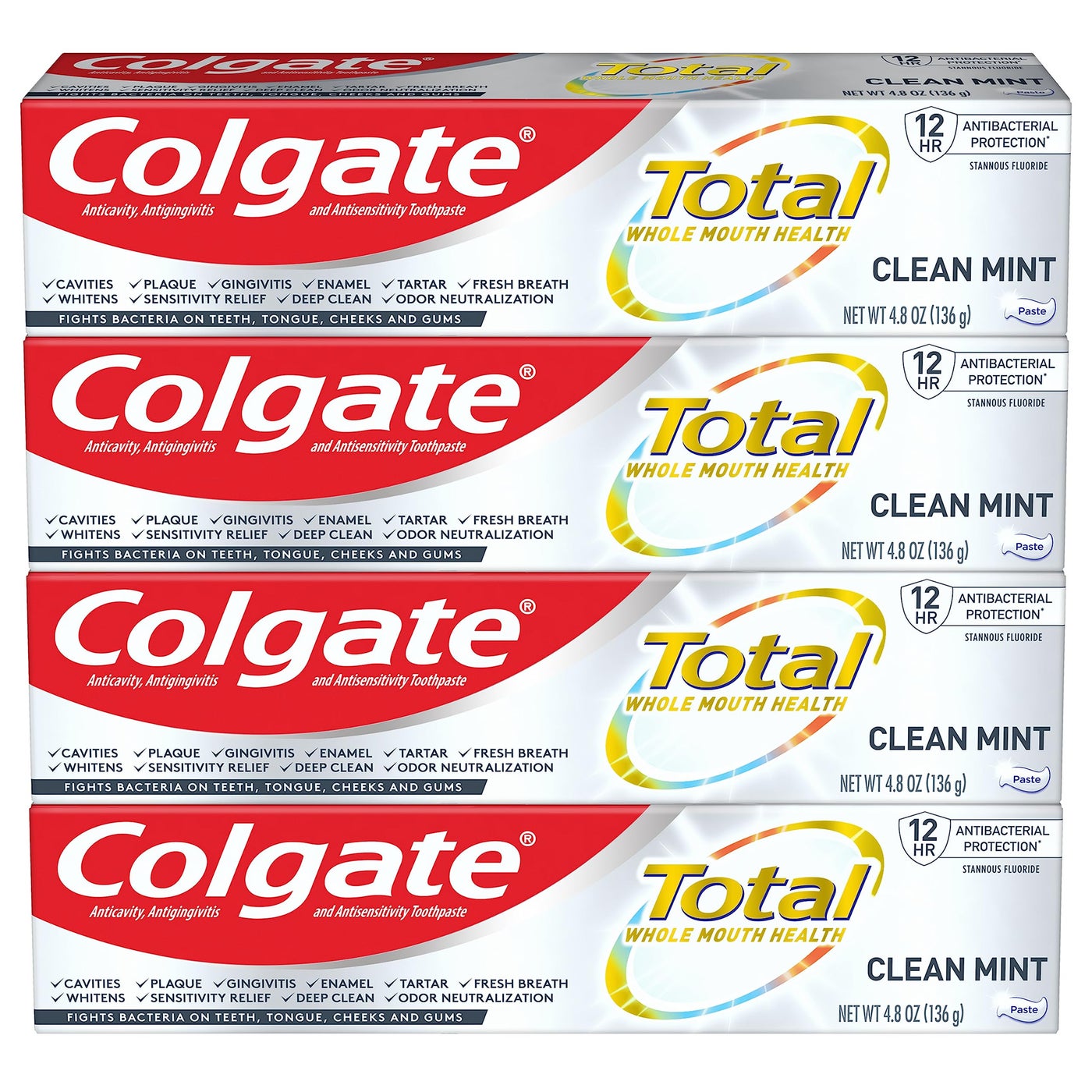 Colgate Total Toothpaste with Whitening Clean Mint 48 Ounce Pack of 4