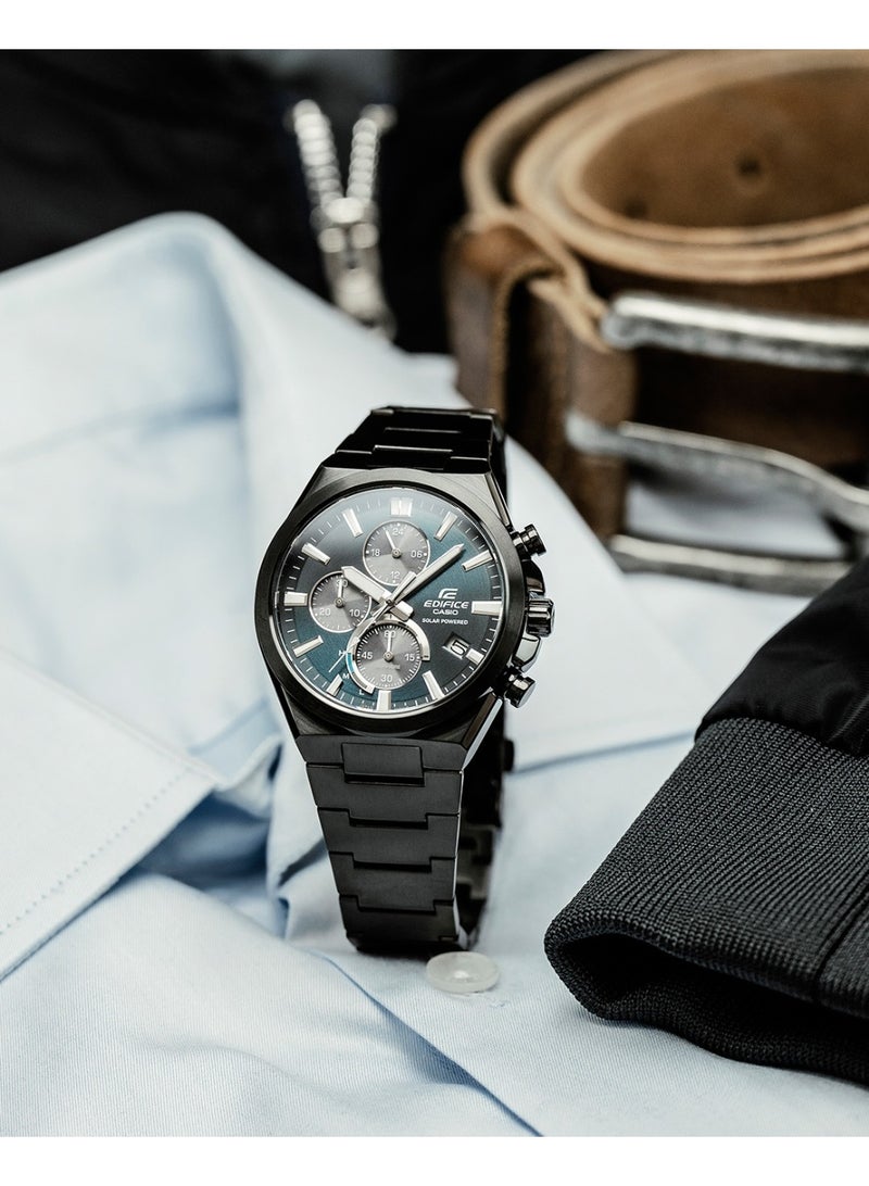 Casio Edifice EQS-950DC-2AVUDF Men’s Solar Chronograph Watch, Black Stainless Steel, Blue Dial, 100m Water Resistance - Image 4