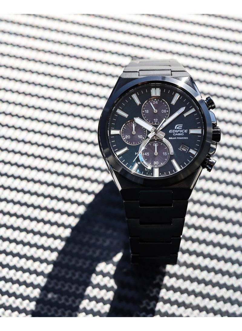 Casio Edifice EQS-950DC-2AVUDF Men’s Solar Chronograph Watch, Black Stainless Steel, Blue Dial, 100m Water Resistance - Image 3