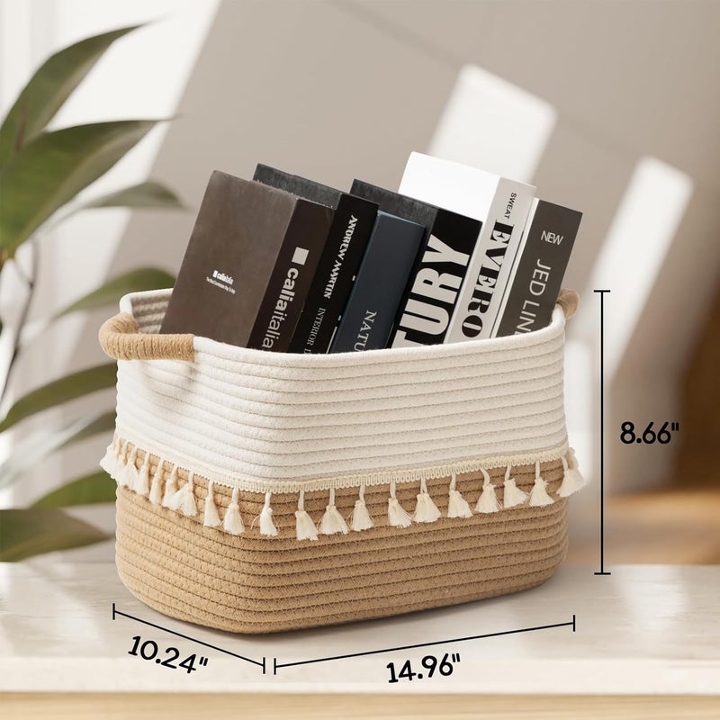 TeoKJ Woven Storage Bin Set of 3, Cotton Rope Basket for Storage, Clothes Boho Basket Bin for Organizing, Fabric Basket for Books, Plants, Pet Treats, White & Jute - Image 5