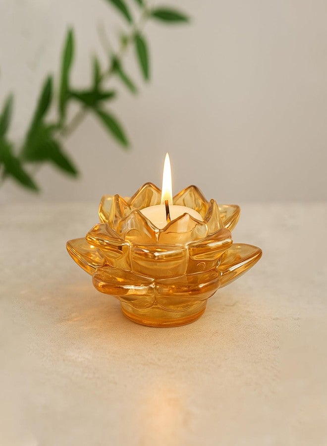 NFI essentials Exquisite Lotus Flower Shaped Tea Light Candle or Diya Holder Decorative Centerpiece for Home Decor and Festival Like Diwali, Christmas or Eid (Honey Yellow) - Image 1