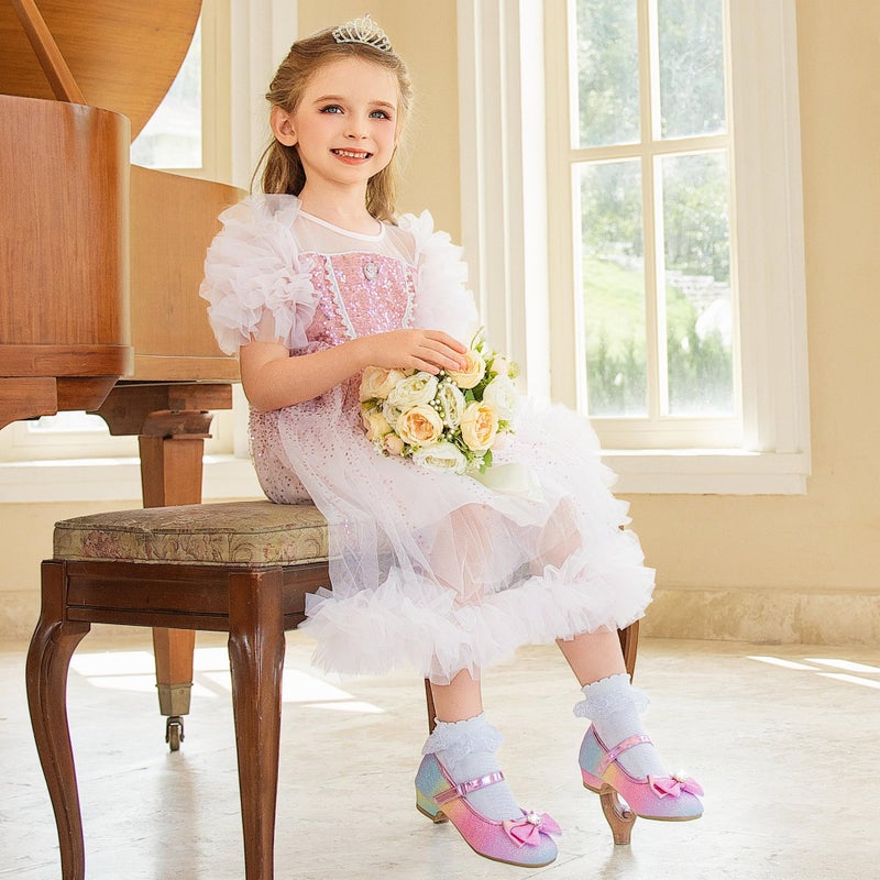 Furdeour Rainbow Girls Flats Shoes for Toddler Kid Wedding Party Prom Flower Girls Princess Size 12 Dress up Cosplay Little Girls High Heel(2701Rainbow 12) - Image 2