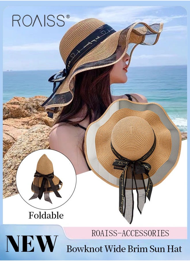 roaiss - Bohemian Wide Wave Brim Sun Hat Foldable Sun Visor Bowknot Summer Beach Straw Hat for Women Khaki - Image 1