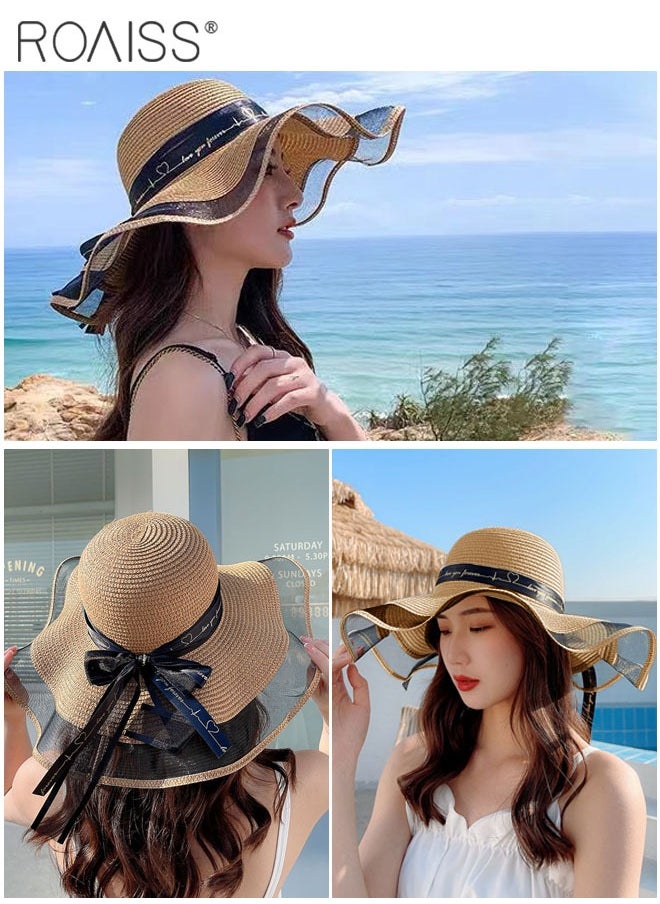 roaiss - Bohemian Wide Wave Brim Sun Hat Foldable Sun Visor Bowknot Summer Beach Straw Hat for Women Khaki - Image 1
