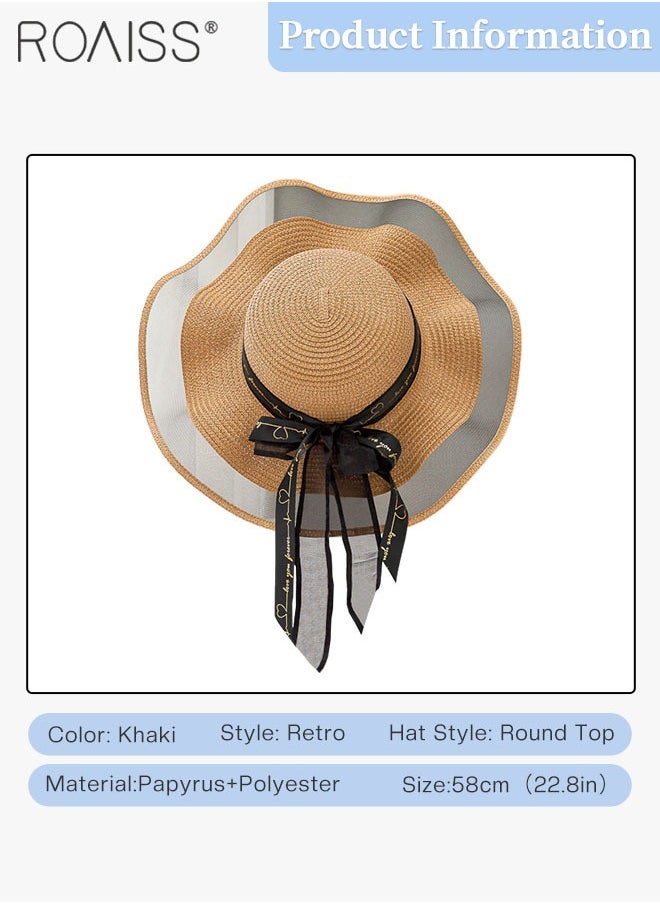 roaiss - Bohemian Wide Wave Brim Sun Hat Foldable Sun Visor Bowknot Summer Beach Straw Hat for Women Khaki - Image 1