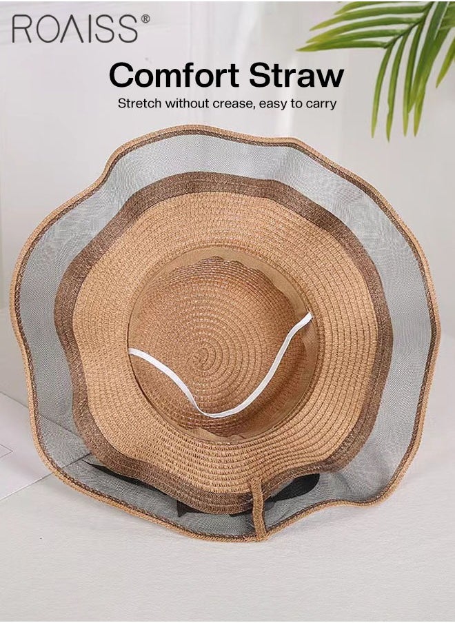 roaiss - Bohemian Wide Wave Brim Sun Hat Foldable Sun Visor Bowknot Summer Beach Straw Hat for Women Khaki - Image 1