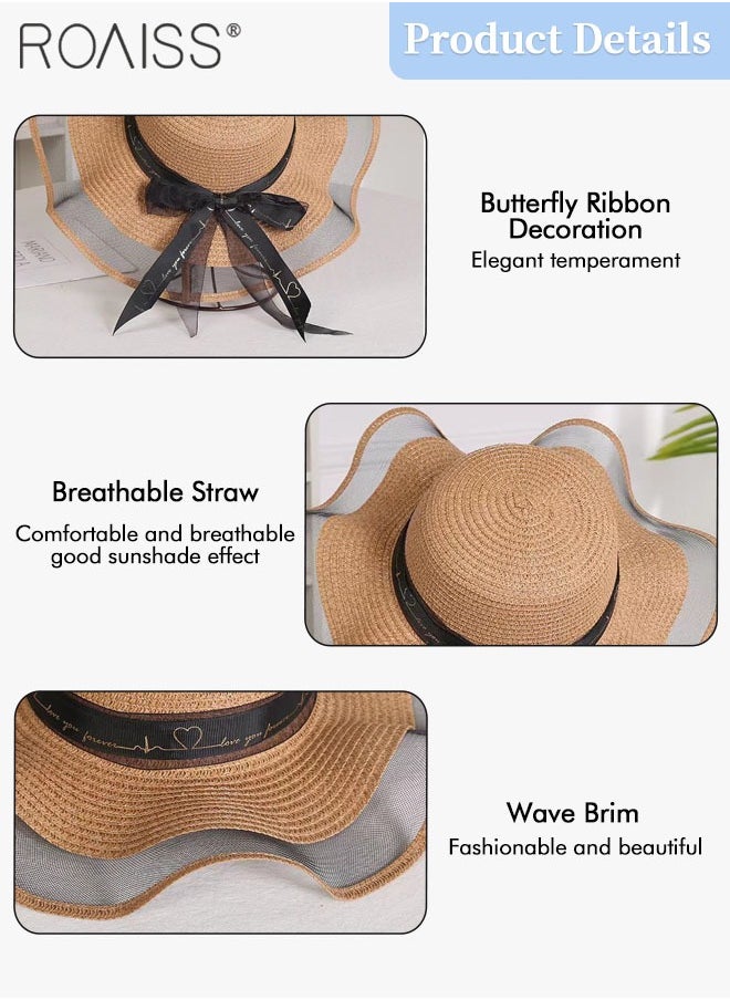 roaiss - Bohemian Wide Wave Brim Sun Hat Foldable Sun Visor Bowknot Summer Beach Straw Hat for Women Khaki - Image 1