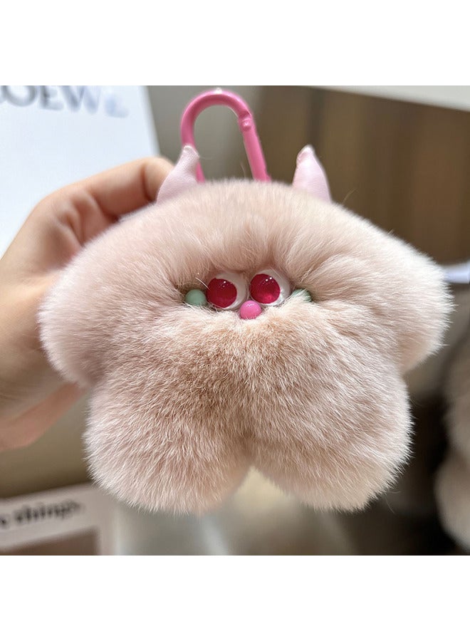 Cute Rex Rabbit Fur Calf Car Keychain I Pendant Ins Plush Doll Doll Bag Hanging Birthday Gift-Color:Leather Pink - Image 1