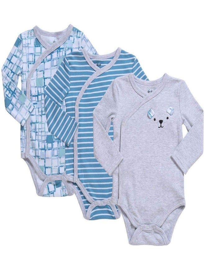 Asher and Olivia Baby Boy 3-Pack Long-Sleeve Kimono Bodysuit Set, Teal Stripes and Gray Heather Outfit for Newborn - Image 1