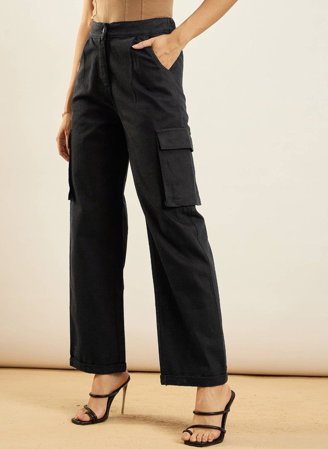 SASSAFRAS Black Straight Fit Mid-Rise Cargos for Women - Image 2