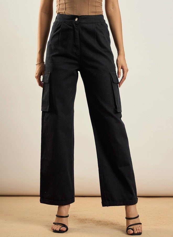 SASSAFRAS Black Straight Fit Mid-Rise Cargos for Women - Image 1