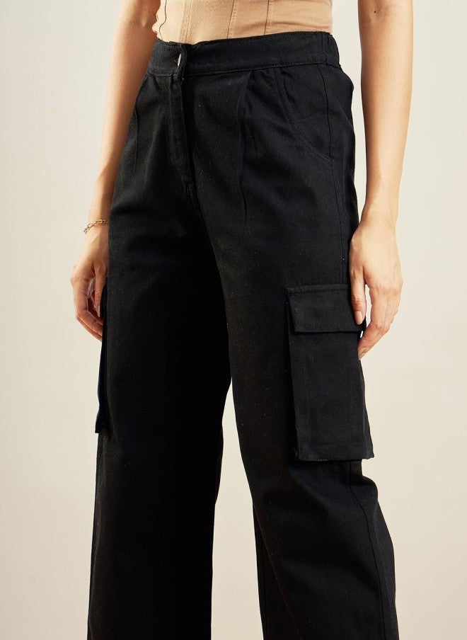 SASSAFRAS Black Straight Fit Mid-Rise Cargos for Women - Image 5