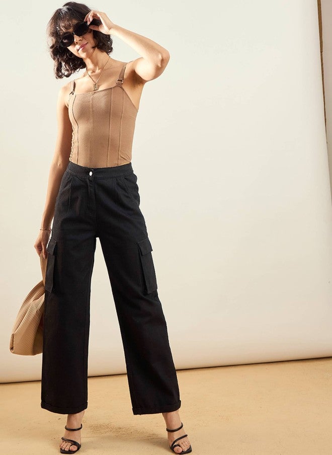 SASSAFRAS Black Straight Fit Mid-Rise Cargos for Women - Image 4