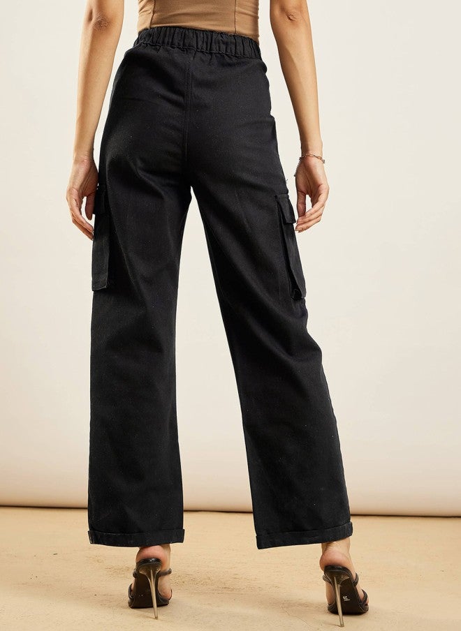SASSAFRAS Black Straight Fit Mid-Rise Cargos for Women - Image 3