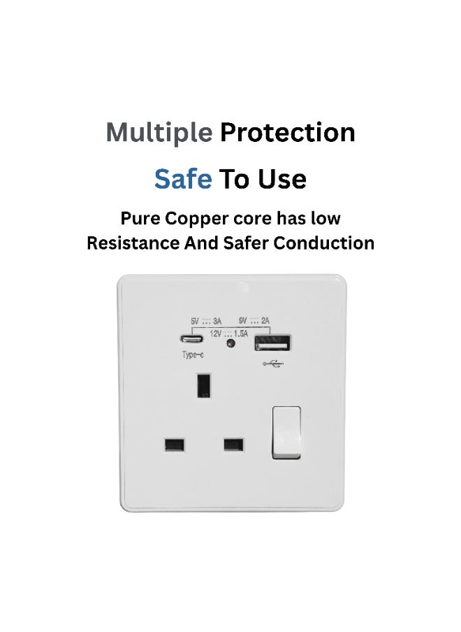 White Universal Wall Power Socket with USB & Type-C Fast Charging (5V/3A, 9V/2A, 12V/1.5A) | 13A Switch with Indicator Light | Multi-Function Plug Socket | 30-Year Warranty