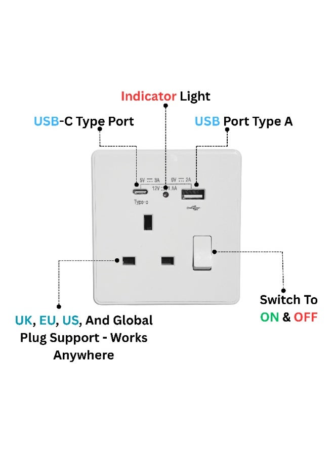 White Universal Wall Power Socket with USB & Type-C Fast Charging (5V/3A, 9V/2A, 12V/1.5A) | 13A Switch with Indicator Light | Multi-Function Plug Socket | 30-Year Warranty