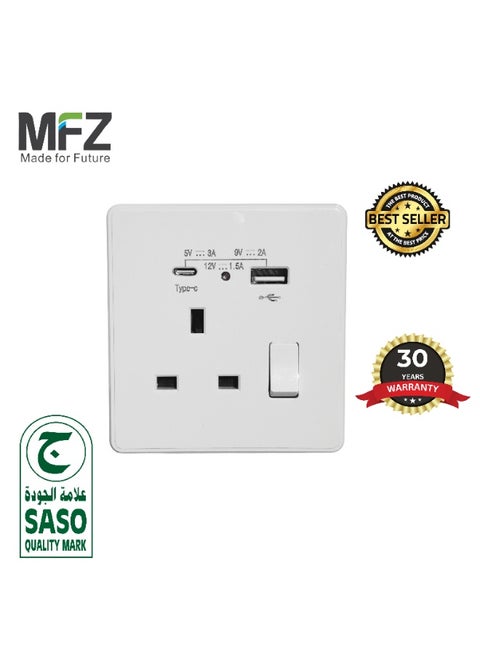 White Universal Wall Power Socket with USB & Type-C Fast Charging (5V/3A, 9V/2A, 12V/1.5A) | 13A Switch with Indicator Light | Multi-Function Plug Socket | 30-Year Warranty
