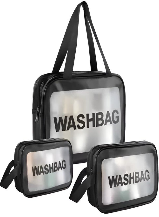 Fomoholic Clear Toiletry Travel Bags Set of 3, Transparent Washbag with Handles, Cosmetic Organizer Cases, Large Medium Small - Black - Image 1