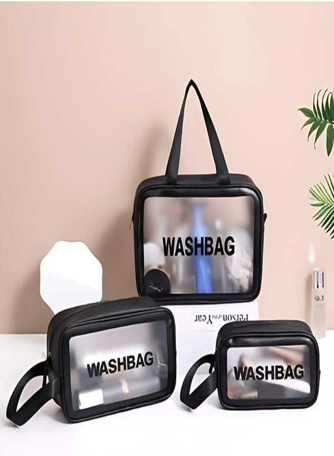 Fomoholic Clear Toiletry Travel Bags Set of 3, Transparent Washbag with Handles, Cosmetic Organizer Cases, Large Medium Small - Black - Image 2