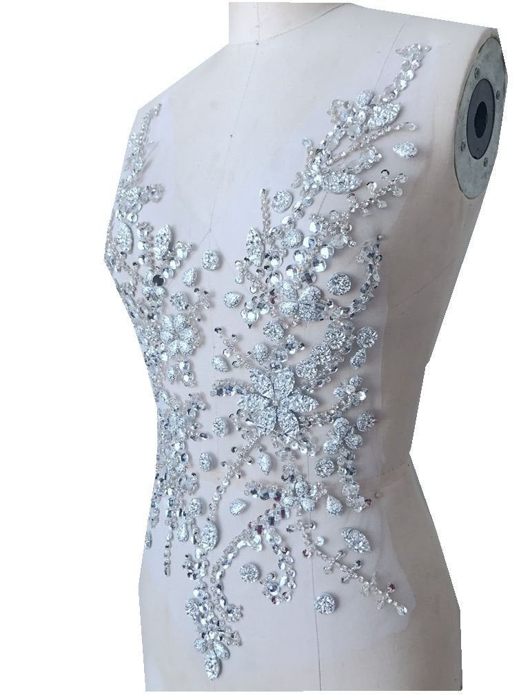 Zbroh Zbroh Handmade Beaded Silver Crystal Bling Sew On Bridal Rhinestone Applique Motif Patch for Wedding Dresses DIY Decorative Clothes 50x30cm