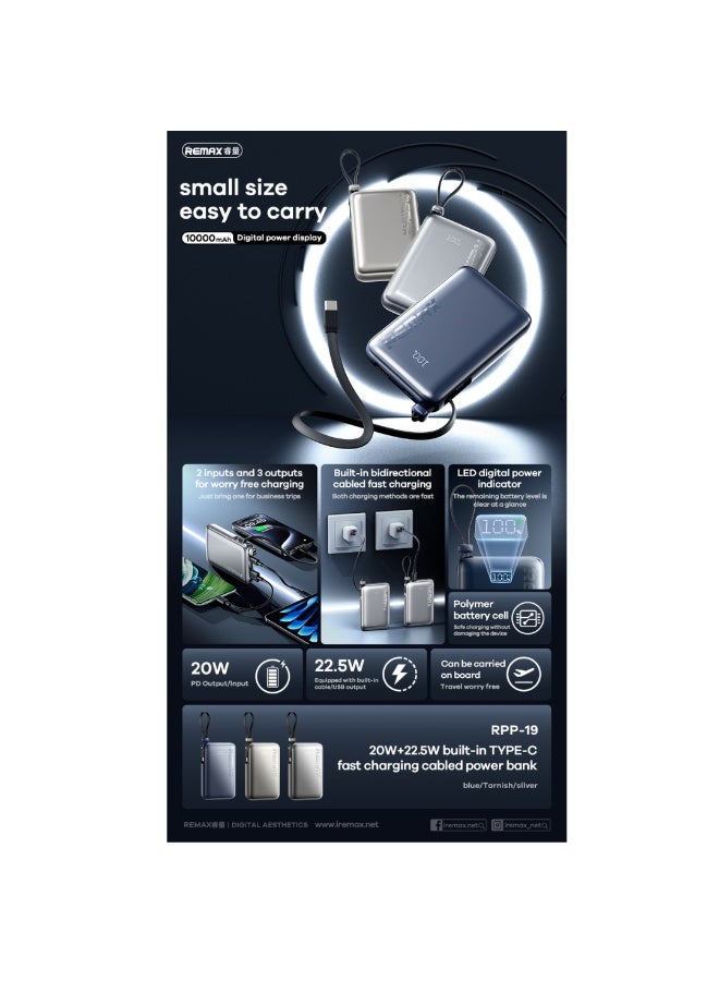 ريماكس باور بانك RPP-19 سعة 10000 مللي أمبير/ساعة، باور بانك مع شحن سريع 22.5 وات + 20 وات بتقنية PD، شاشة رقمية LED، مدخل مزدوج ومخرج ثلاثي، منفذ Type-C ثنائي الاتجاه، تصميم معدني رفيع - Image 3