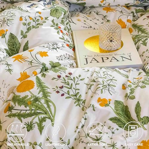 Faincy Floral Duvet Cover King Size - Blue Green Yellow White Flower Leaf Botanical Pattern Soft Microfiber Comforter Quilt Cover Set - 3PC 104 X 90 Lightweight Bedding, Farmhouse Style Bedroom for Women Men - Image 3