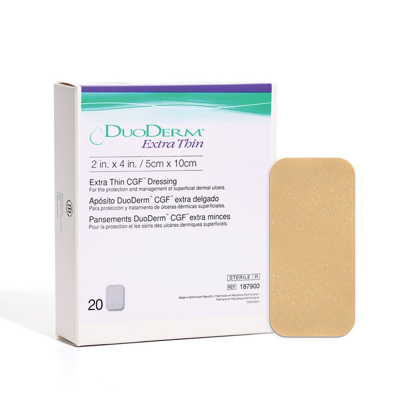 ConvaTec DuoDERM Extra Thin Control Gel Formula 2"x4" Hydrocolloid Sterile Adhesive Dressing for Superficial Wounds, Low Friction, Flexibile, Latex-Free, Waterproof, Rectangle, Beige, 20ct Box - Image 1