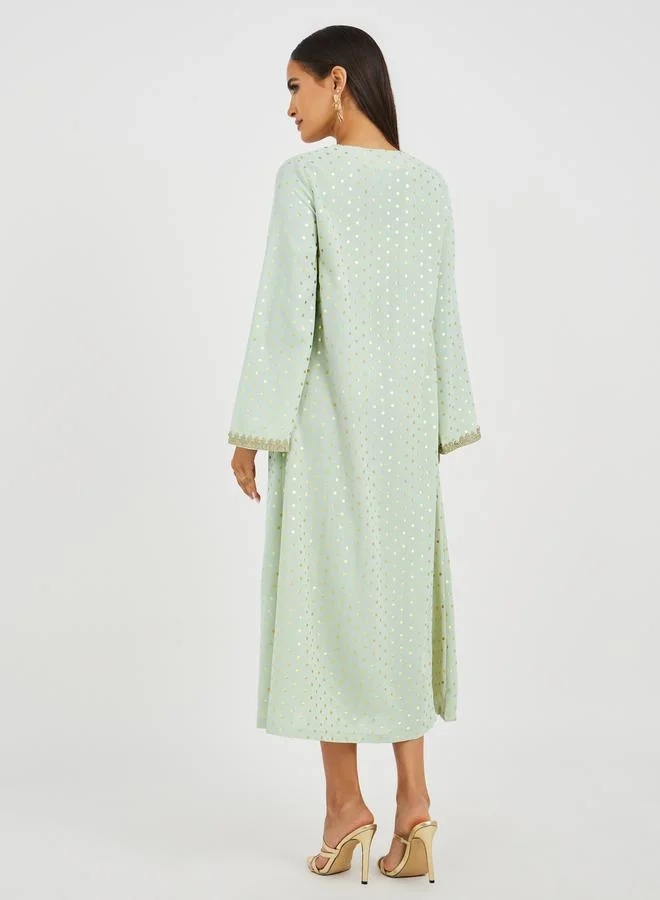 Take Two Take Two Foil Polka Dot Print Lace Insert Long Sleeve Jalabiya