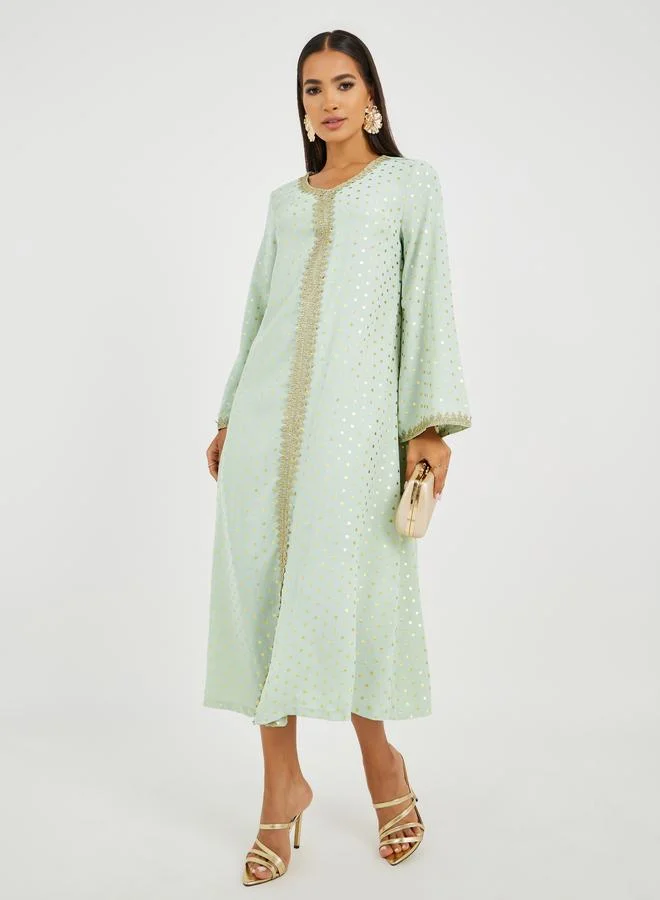 Take Two Take Two Foil Polka Dot Print Lace Insert Long Sleeve Jalabiya