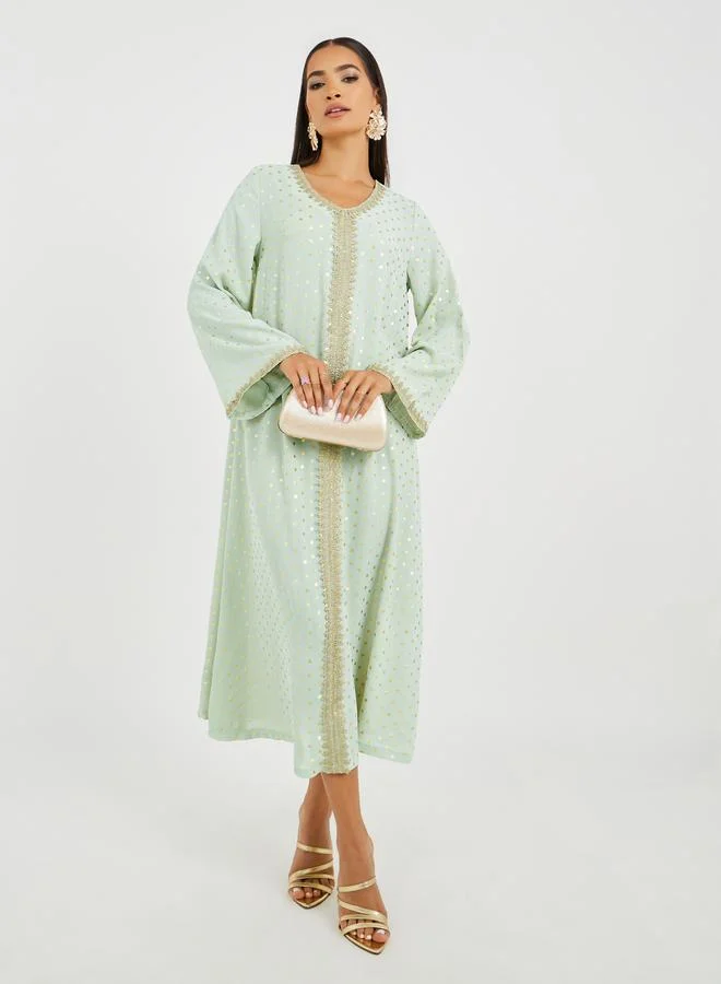 Take Two Take Two Foil Polka Dot Print Lace Insert Long Sleeve Jalabiya