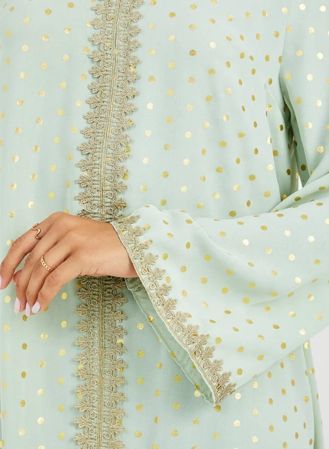 Take Two Take Two Foil Polka Dot Print Lace Insert Long Sleeve Jalabiya