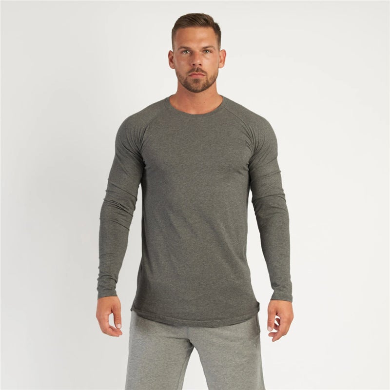 Autumn and Winter Long-Sleeved T-Shirt Slim Casual Sports Round Neck Round Hem Pullover Pure Color Youth Bottoming Shirt Training Clothes - Image 1