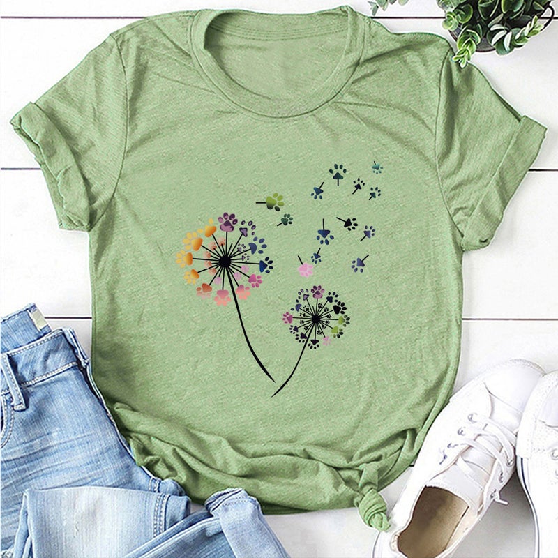 2020 Spring Women's T-Shirt Dog Claw Dandelion Print Pattern Women's T-Shirt 10170 - Image 1