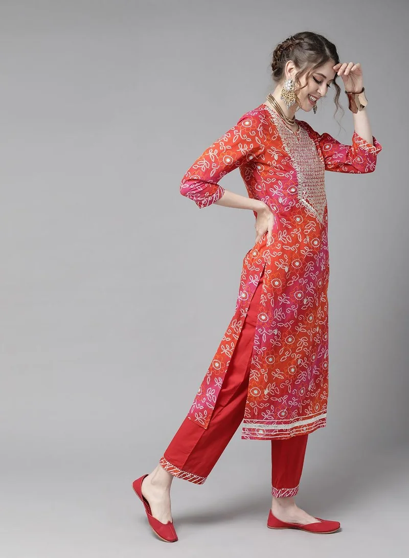 ISHIN Women's Multicoloured 100% Cotton Printed Tunic Full Length Casual Straight Fit Kurta Set