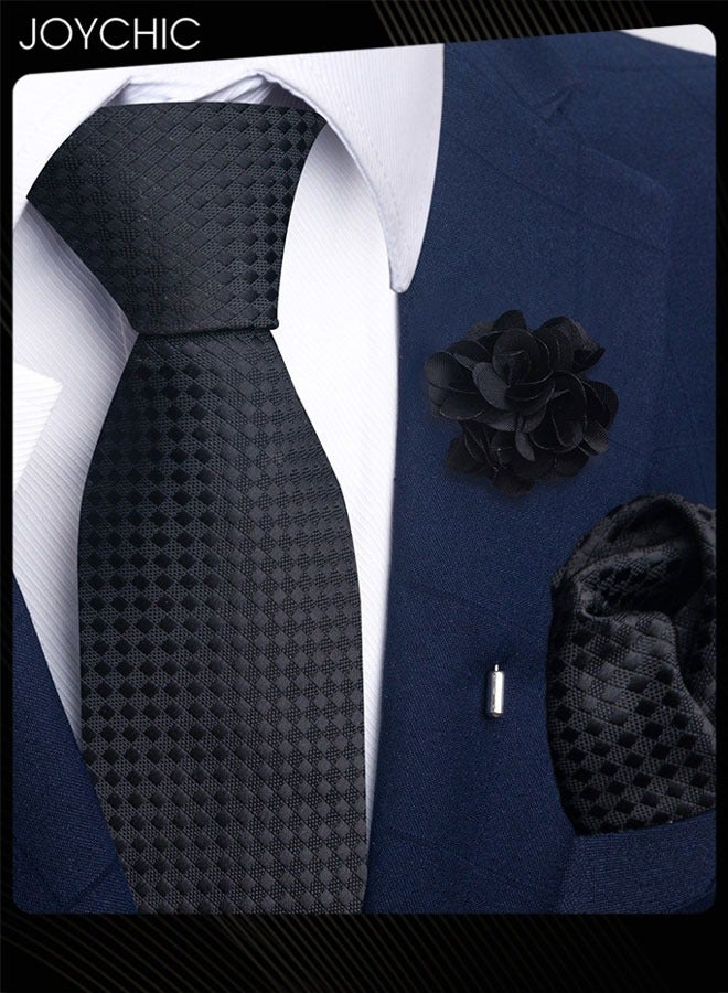 Joychic ربطات عنق كلاسيكية للرجال مع منديل جيب، أزرار أكمام وزهرة، ربطة عنق للمناسبات الرسمية مثل الزفاف والأعمال - Image 1