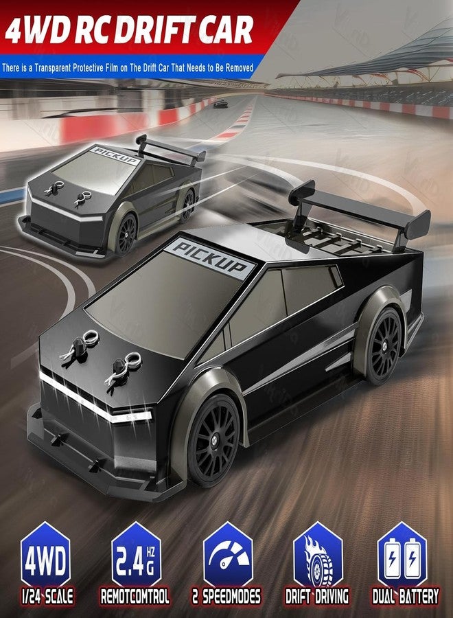 VikriDA 1:24 Scale RC Drift Car - 4WD High-Speed RC Racing Car with LED Lights, 2.4GHz Controller, One Rechargeable Batteries & Drifting Tires - Black - Image 2