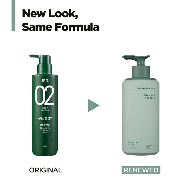 amos PROFESSIONAL شامبو أموس بروفيشينال للشاي الأخضر المنعش للشعر الخفيف، شامبو كوري لفروة الرأس الدهنية، ينظف بعمق، يقوي الشعر، لجميع أنواع الشعر، 16.9 أونصة سائلة - Image 2