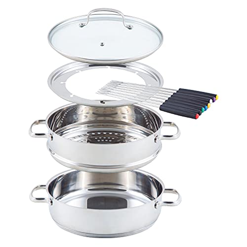 Nuwave 18/8 Stainless Steel Ultimate Cookware Set, Free of PTFE, PFOA, PFOS, Fondue Pot Set, Works On ALL Cooktops and Induction Cookers, Steamer Basket, Glass Lid & 8 Fondue Forks Included (Renewed) - Image 1
