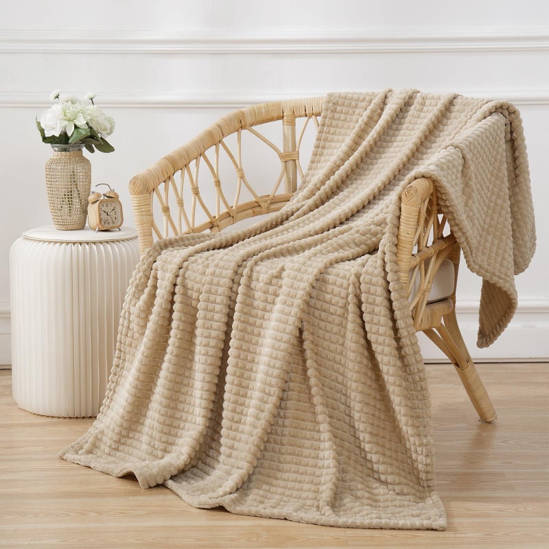 Puncuntex Flannel Fleece Beige Throw Blanket 50"Ã—60",Super Soft Plush Cozy Blanket with 3D Jacquard Square Grid Design Luxury for Couch Sofa Chair,Khaki - Image 3