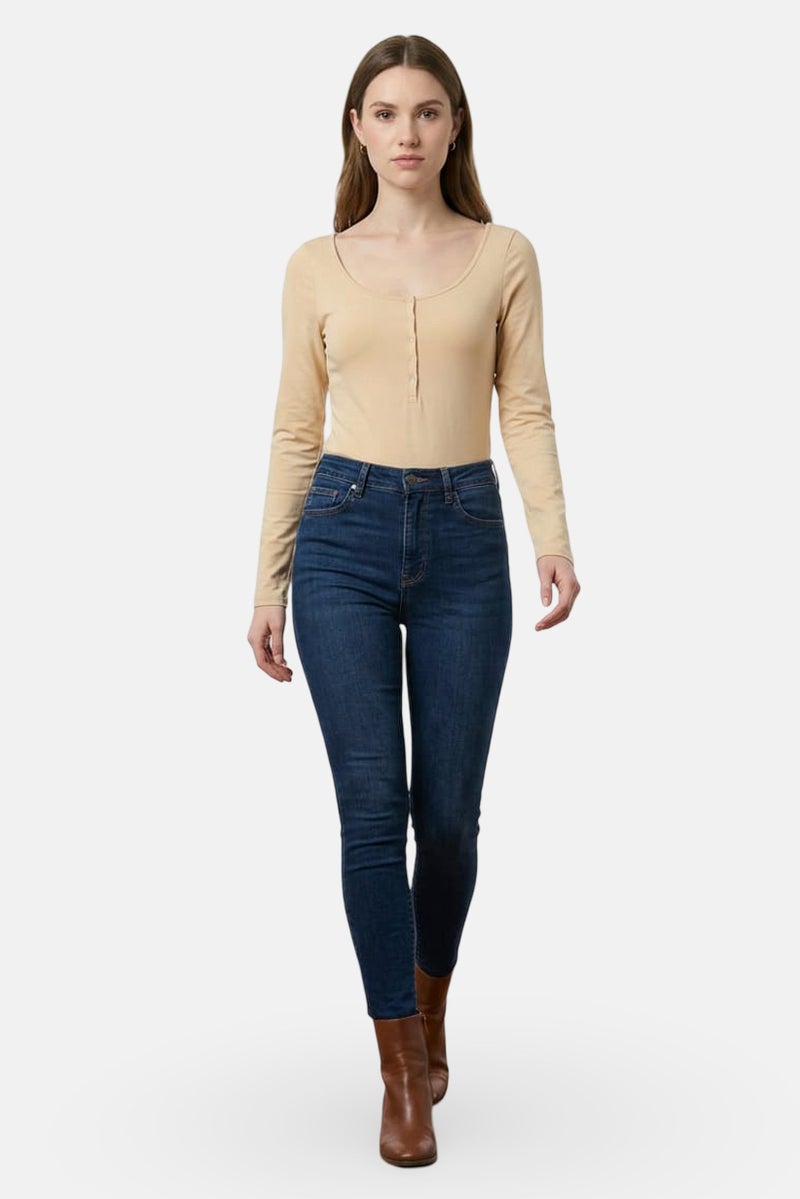 MONKI Women Solid Long Sleeve Bodysuit, Tan - Image 2