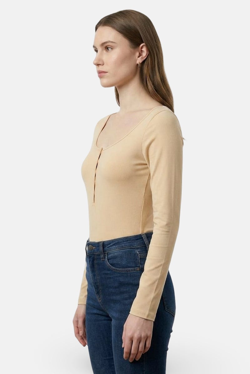 MONKI Women Solid Long Sleeve Bodysuit, Tan - Image 3